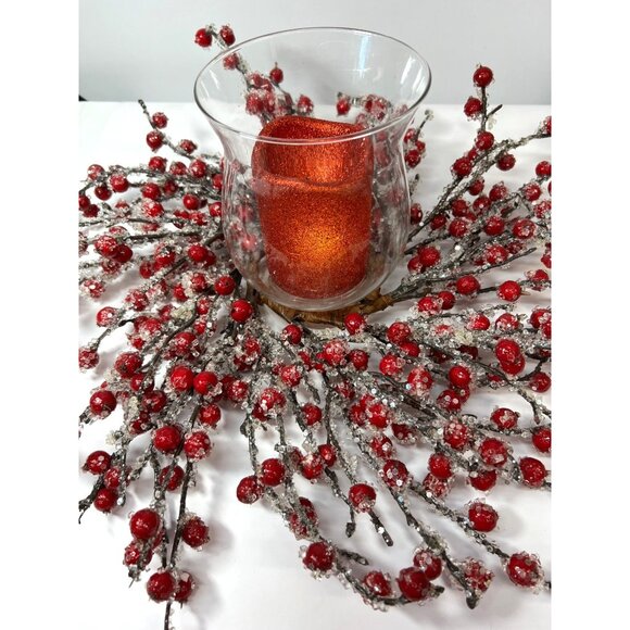 Frosted Red Berry Candle Holder Centerpiece With Glass Vase - Picture 6 of 6